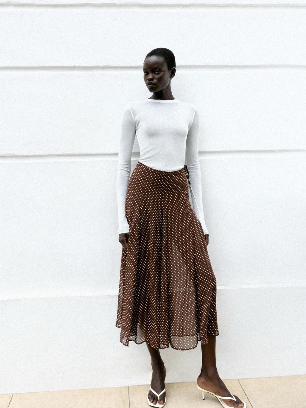 NWT Zara Polka Dot Brown Midi Skirt